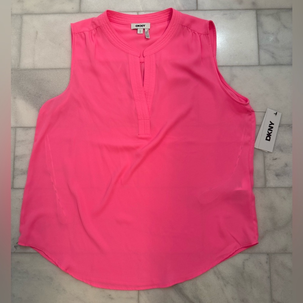 DKNY Bright Pink Sleeveless Split-Neck Blouse